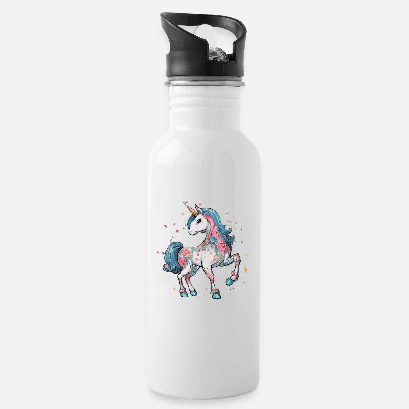 Einhorn - Trinkflasche mit integriertem Trinkhalm - Weiß