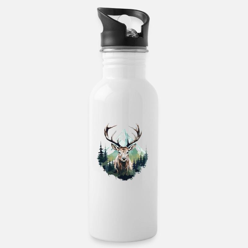 Hirsch Reh Wald Berg Bäume Natur Winter - Trinkflasche mit integriertem Trinkhalm - Weiß