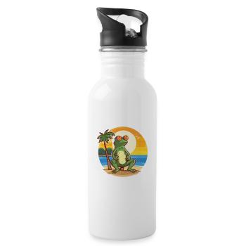 Frog Funny Cartoon Kawaii Beach Illustration - Water bottle with straw - white - Right