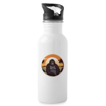 Gorilla Funny Cartoon Kawaii Beach Illustration - Water bottle with straw - white - Right