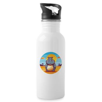 Hippo Funny Cartoon Kawaii Beach Illustration - Water bottle with straw - white - Right