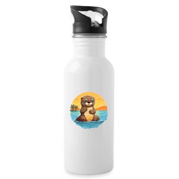 Otter Funny Cartoon Kawaii Beach Illustration - Water bottle with straw - white - Right