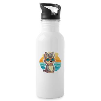 Wolf Funny Cartoon Kawaii Beach Illustration - Water bottle with straw - white - Right