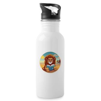 Lion Cute Funny Cartoon Kawaii Book Beach - Water bottle with straw - white - Right