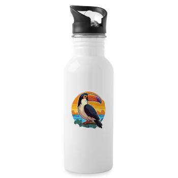 Toucan Funny Cartoon Kawaii Beach Illustration - Water bottle with straw - white - Right