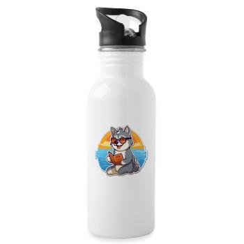 Husky Chien Mignon Drôle Dessin Animé Kawaii Livre Plage - Gourde avec paille intégrée - blanc - Droite