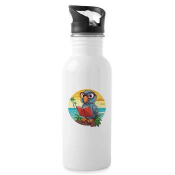 Parrot Cute Funny Cartoon Kawaii Book Beach - Water bottle with straw - white - Right