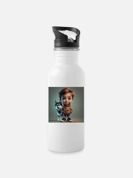 boy with dog - Water bottle with straw - white