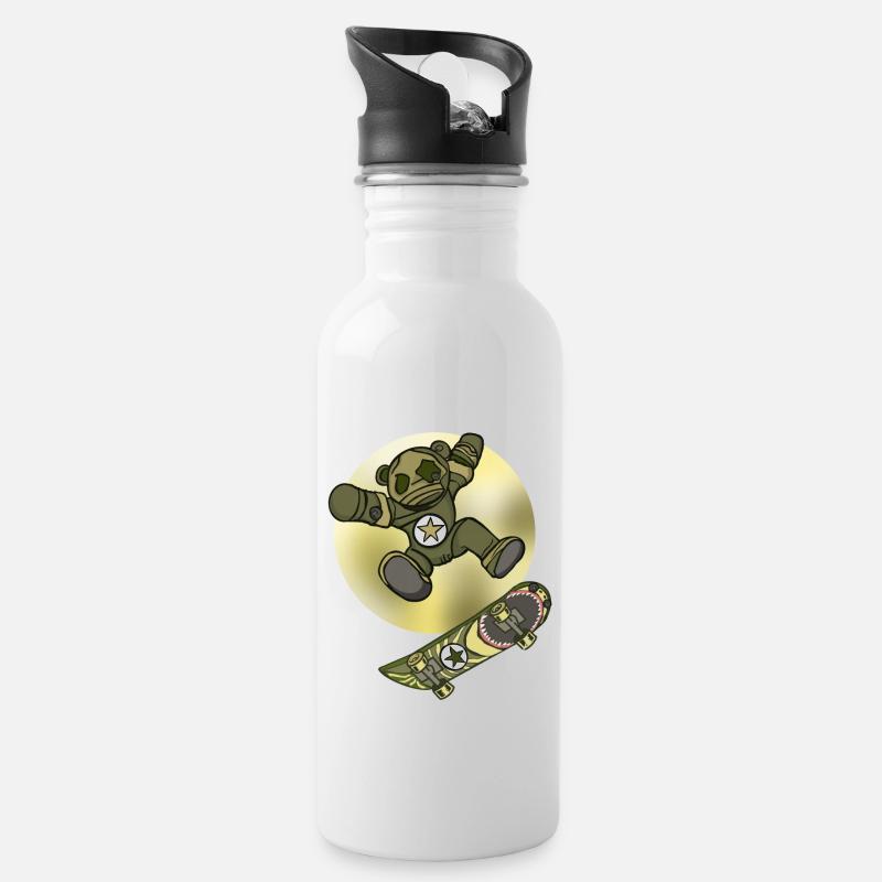 Halloween Skater Teddy mit Skateboard - Trinkflasche mit integriertem Trinkhalm - Weiß