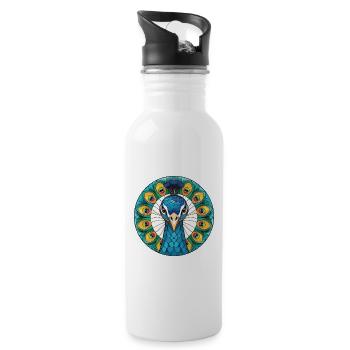 Pfau Buntes Aquarell Tier Illustration - Trinkflasche mit integriertem Trinkhalm - Weiß - Rechts
