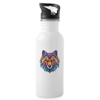 Wolf Colorful Watercolor Animal Pet Illustration - Water bottle with straw - white - Right