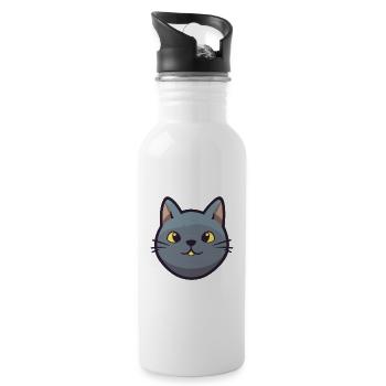 Chartreux Cat Cartoon Watercolor Illustration - Water bottle with straw - white - Right