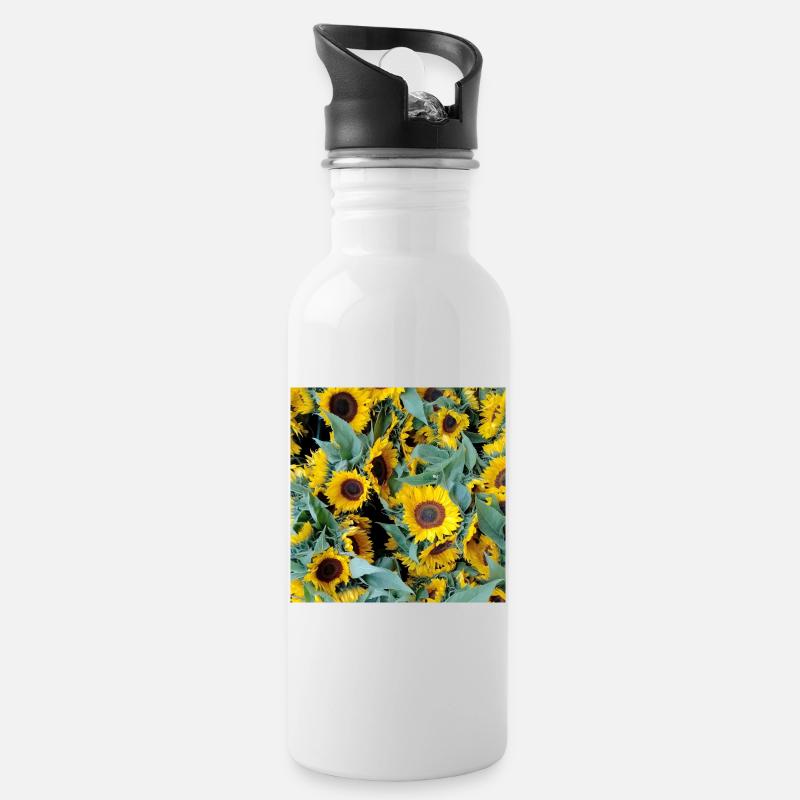Sonnenblumenfeld in Gelbton - Trinkflasche mit integriertem Trinkhalm - Weiß
