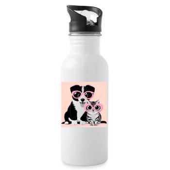 cat and dog in pink glasses - Water bottle with straw - white - Right