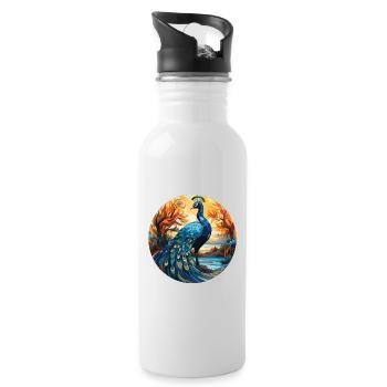 Peacock Colorful Watercolor Animal Illustration - Water bottle with straw - white - Right