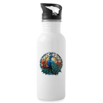 Peacock Colorful Watercolor Animal Illustration - Water bottle with straw - white - Right