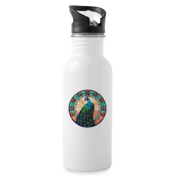 Pfau Buntes Aquarell Tier Illustration - Trinkflasche mit integriertem Trinkhalm - Weiß - Rechts