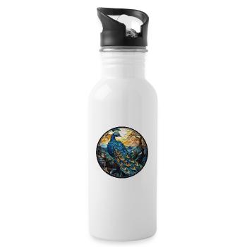 Pfau Buntes Aquarell Tier Illustration - Trinkflasche mit integriertem Trinkhalm - Weiß - Rechts