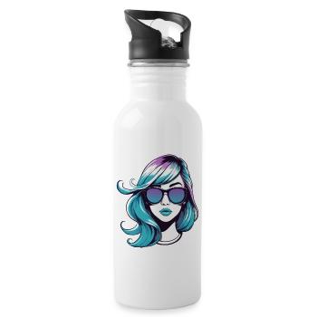 Cartoon girl with glasses. - Water bottle with straw - white - Right