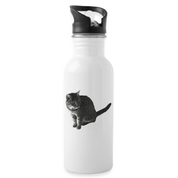 Katze sitzend, schwarz-weiß, tabby Motive - Trinkflasche mit integriertem Trinkhalm - Weiß - Rechts