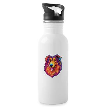 Rough Collie Dog Breed Cartoon Kawaii Illustration - Water bottle with straw - white - Right