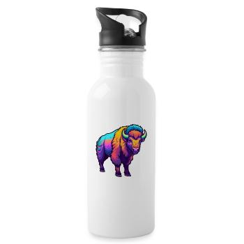 Bison Colorful Watercolor Cartoon Kawaii Animal - Water bottle with straw - white - Right