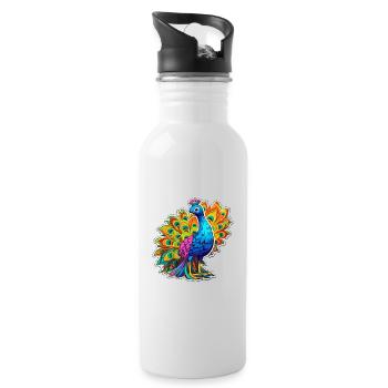 Peacock Colorful Watercolor Cartoon Kawaii Animal - Water bottle with straw - white - Right