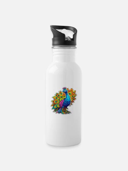 Pfau buntes Aquarell Cartoon Kawaii Tier - Trinkflasche mit integriertem Trinkhalm - Weiß