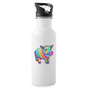 Pig Colorful Watercolor Cartoon Kawaii Animal - Water bottle with straw - white - Right