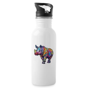 Rhino Colorful Watercolor Cartoon Kawaii Animal - Water bottle with straw - white - Right
