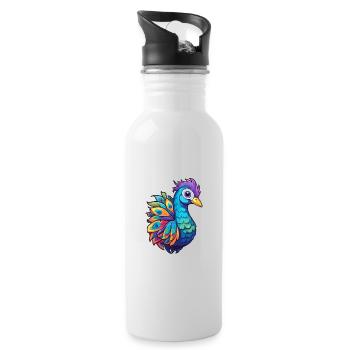 Peacock Colorful Watercolor Cartoon Kawaii Animal - Water bottle with straw - white - Right