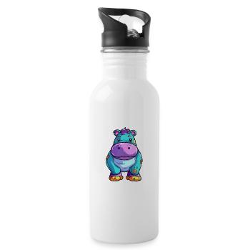 Hippo Colorful Watercolor Cartoon Kawaii Animal - Water bottle with straw - white - Right