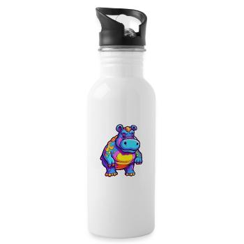 Hippo Colorful Watercolor Cartoon Kawaii Animal - Water bottle with straw - white - Right