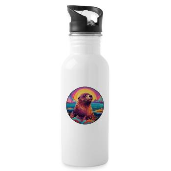 Biber buntes Aquarell Cartoon Kawaii Tier - Trinkflasche mit integriertem Trinkhalm - Weiß - Rechts