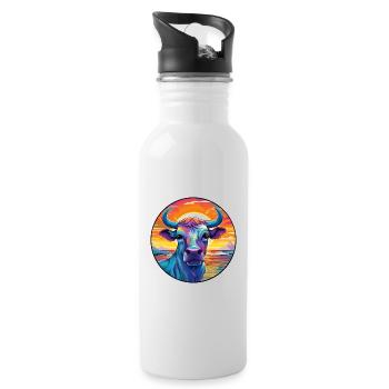 Bull Colorful Watercolor Cartoon Kawaii Animal - Water bottle with straw - white - Right
