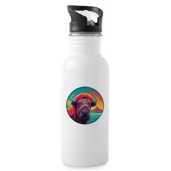 Buffalo Colorful Watercolor Cartoon Kawaii Animal - Water bottle with straw - white - Right