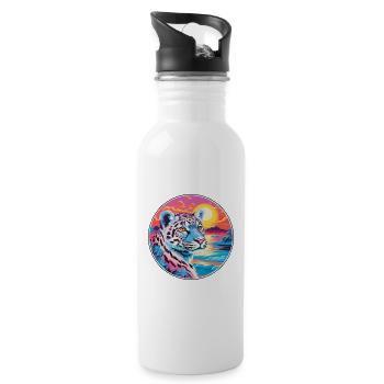 Snow Leopard Colorful Watercolor Cartoon Kawaii - Water bottle with straw - white - Right