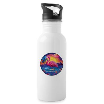 Flamingo Colorful Watercolor Cartoon Kawaii Animal - Water bottle with straw - white - Right