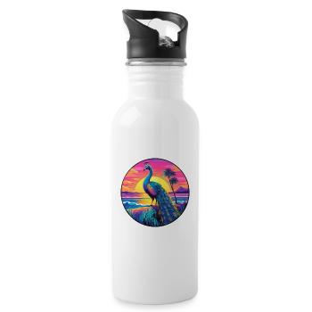 Pfau Buntes Aquarell Cartoon Kawaii Tier - Trinkflasche mit integriertem Trinkhalm - Weiß - Rechts