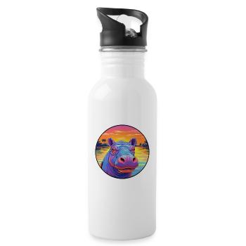 Hippo Colorful Watercolor Cartoon Kawaii Animal - Water bottle with straw - white - Right