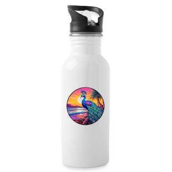 Peacock Colorful Watercolor Cartoon Kawaii Animal - Water bottle with straw - white - Right