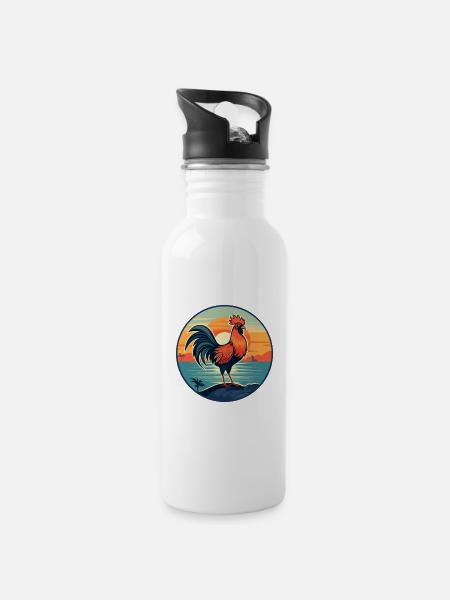Hahn Buntes Aquarell Cartoon Kawaii Tier - Trinkflasche mit integriertem Trinkhalm - Weiß