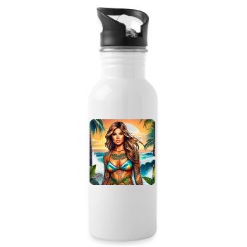 Sexy Beach Girl mit Tattoos - Trinkflasche mit integriertem Trinkhalm - Weiß - Rechts