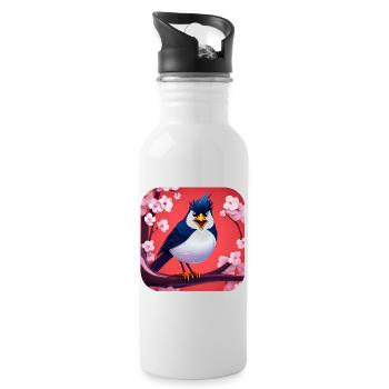 Funny little bird with cherry blossoms - Water bottle with straw - white - Right