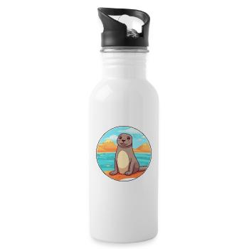 Seal Watercolor Cartoon Kawaii Clipart Animal - Water bottle with straw - white - Right