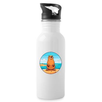 Und täglich grüßt das Murmeltier Aquarell Karikatur Kawaii Clipart Tier - Trinkflasche mit integriertem Trinkhalm - Weiß - Rechts