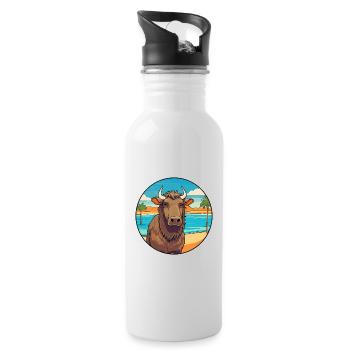 Buffalo Watercolor Cartoon Kawaii Clipart Animal - Water bottle with straw - white - Right