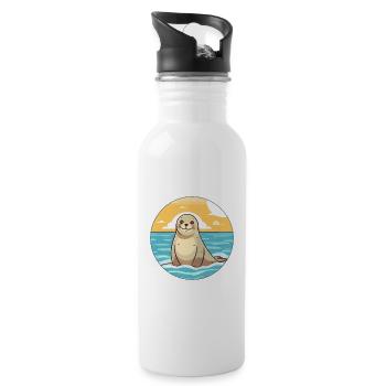 Seal Watercolor Cartoon Kawaii Clipart Animal - Water bottle with straw - white - Right