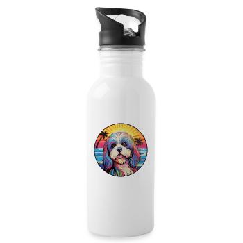 Lhasa Apso Hunderasse bunte Karikatur Aquarell - Trinkflasche mit integriertem Trinkhalm - Weiß - Rechts