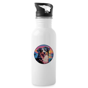 North American Shepherd Dog Breed Colorful Cartoon - Water bottle with straw - white - Right